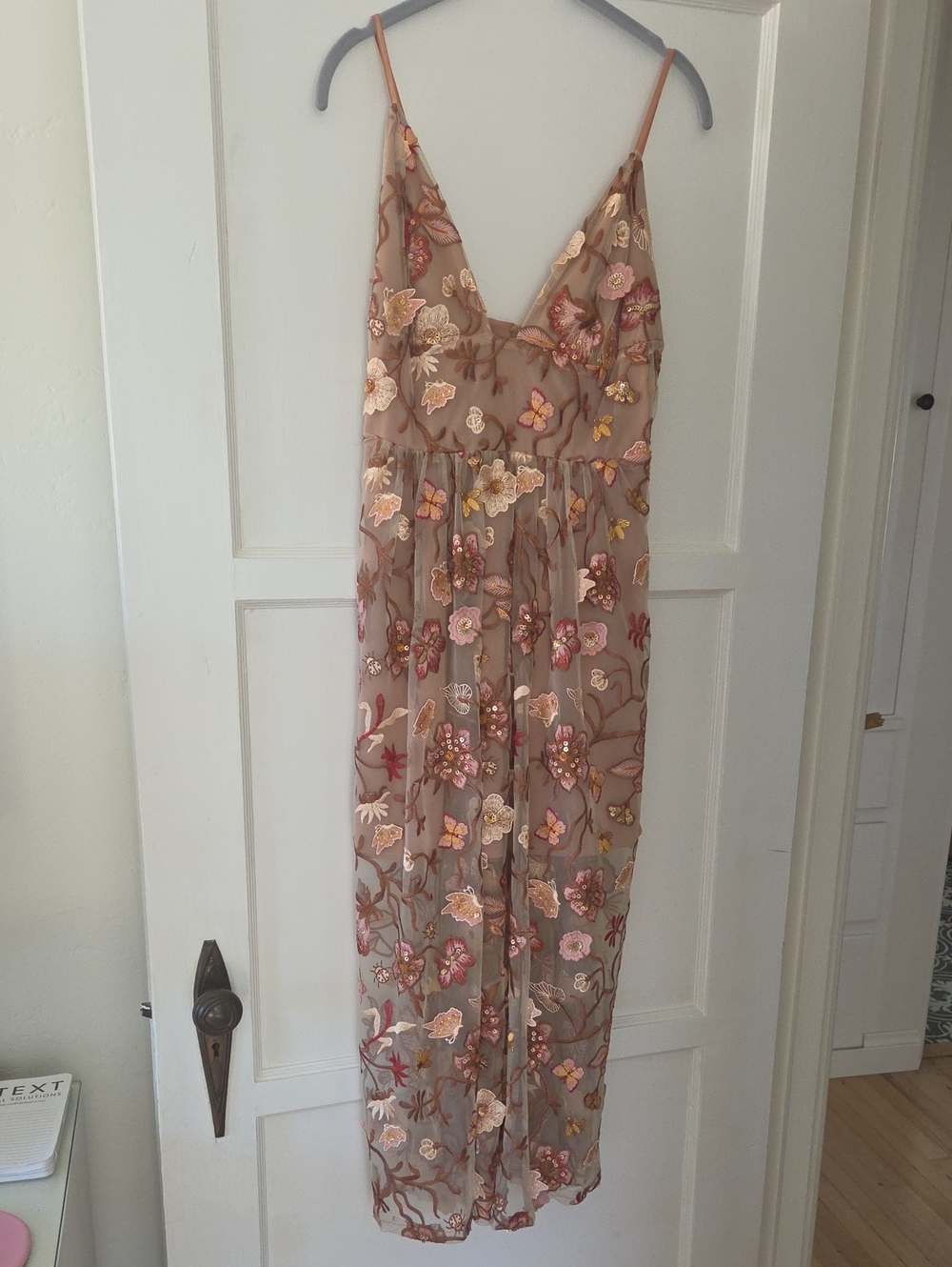 For Love And Lemons Taupe Sheer Floral Embroidered Midi Dress